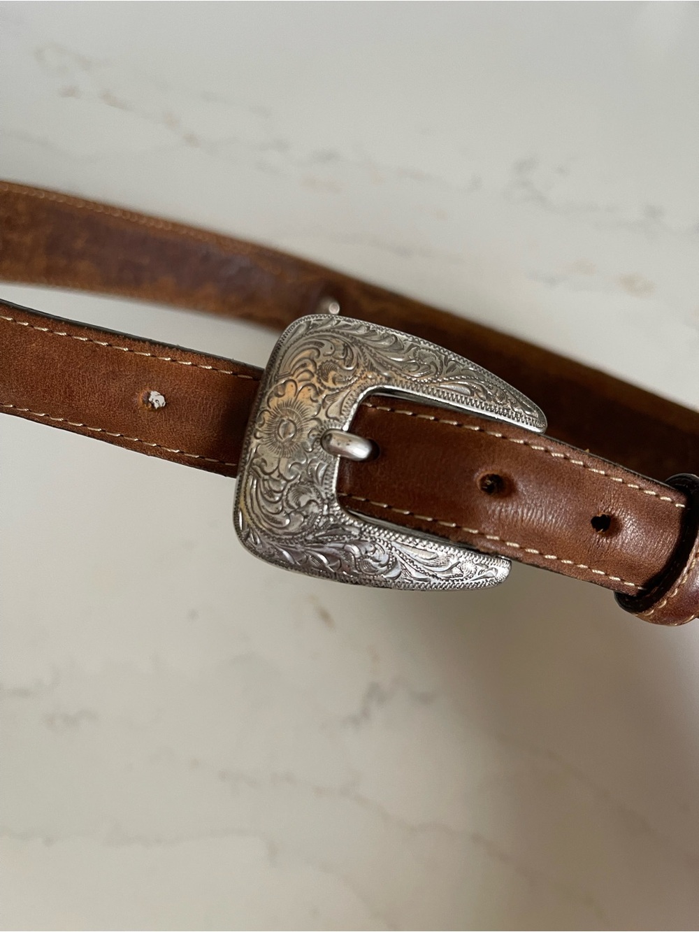 Justin Boots Brown Leather Belt with Ornate Silver Buckle